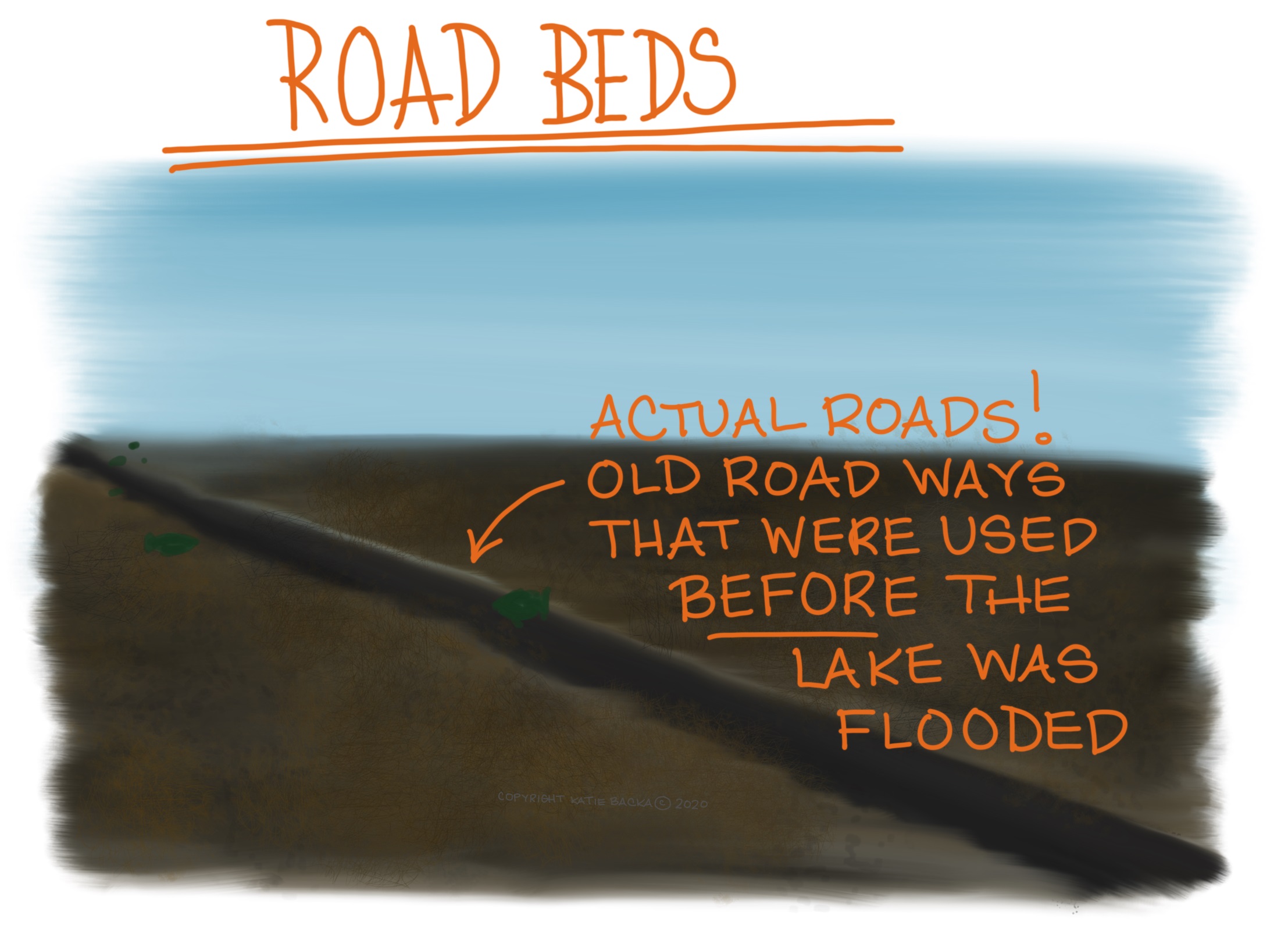 Script: Road beds, actual roads! Old road ways that were used before the lake was flooded