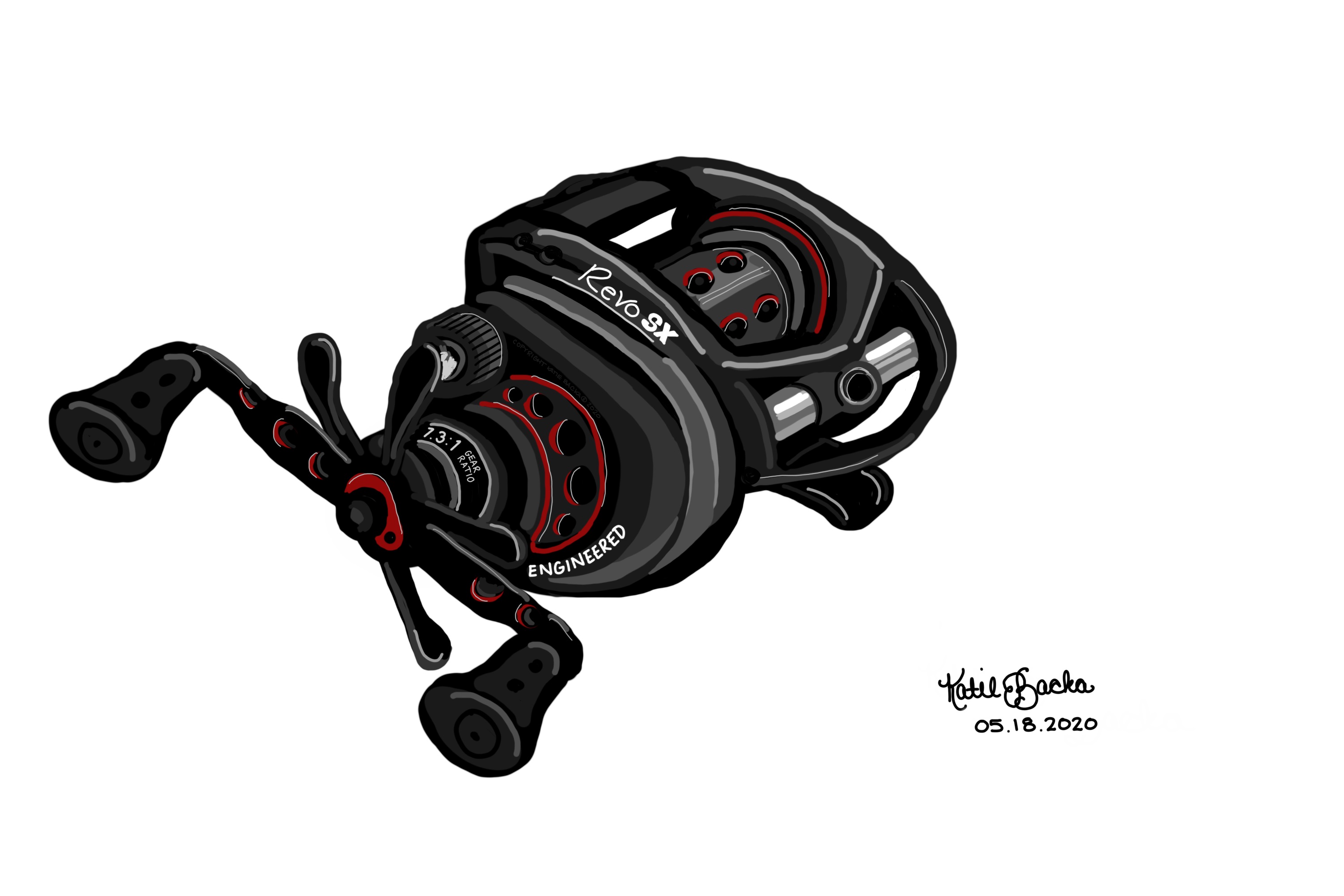 Artwork of a fishing baitcaster by Katie