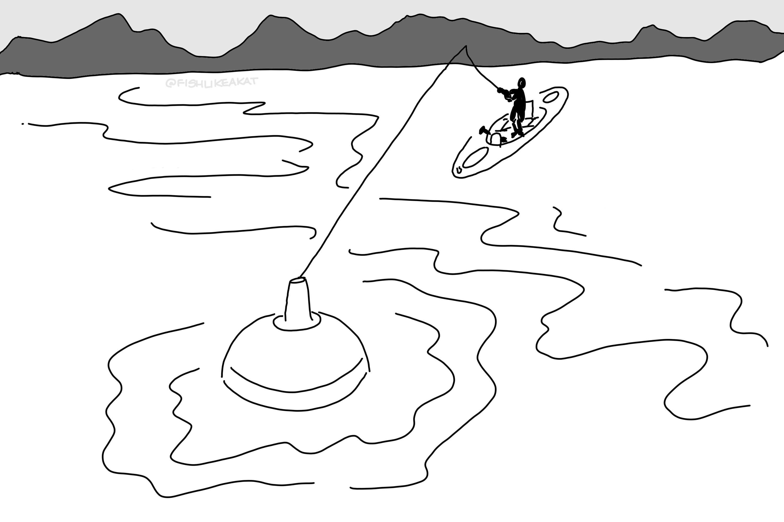 Coloring page with a closeup of a bobber cast into the water by a kayak angler