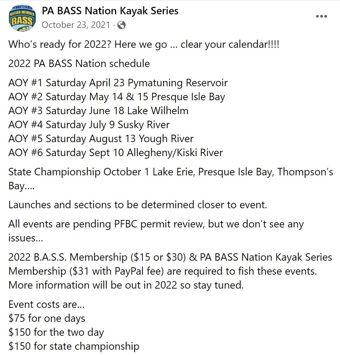 The 2022 schedule for PBNKS