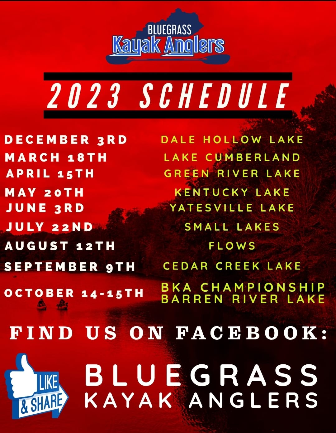 2023 schedule for the Bluegrass Kayak Anglers