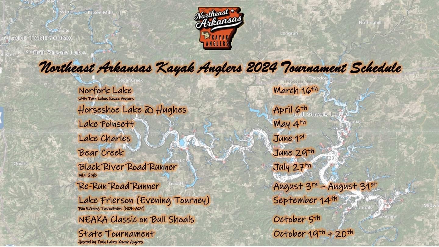 The 2024 schedule for Northeast Arkansas Kayak Anglers