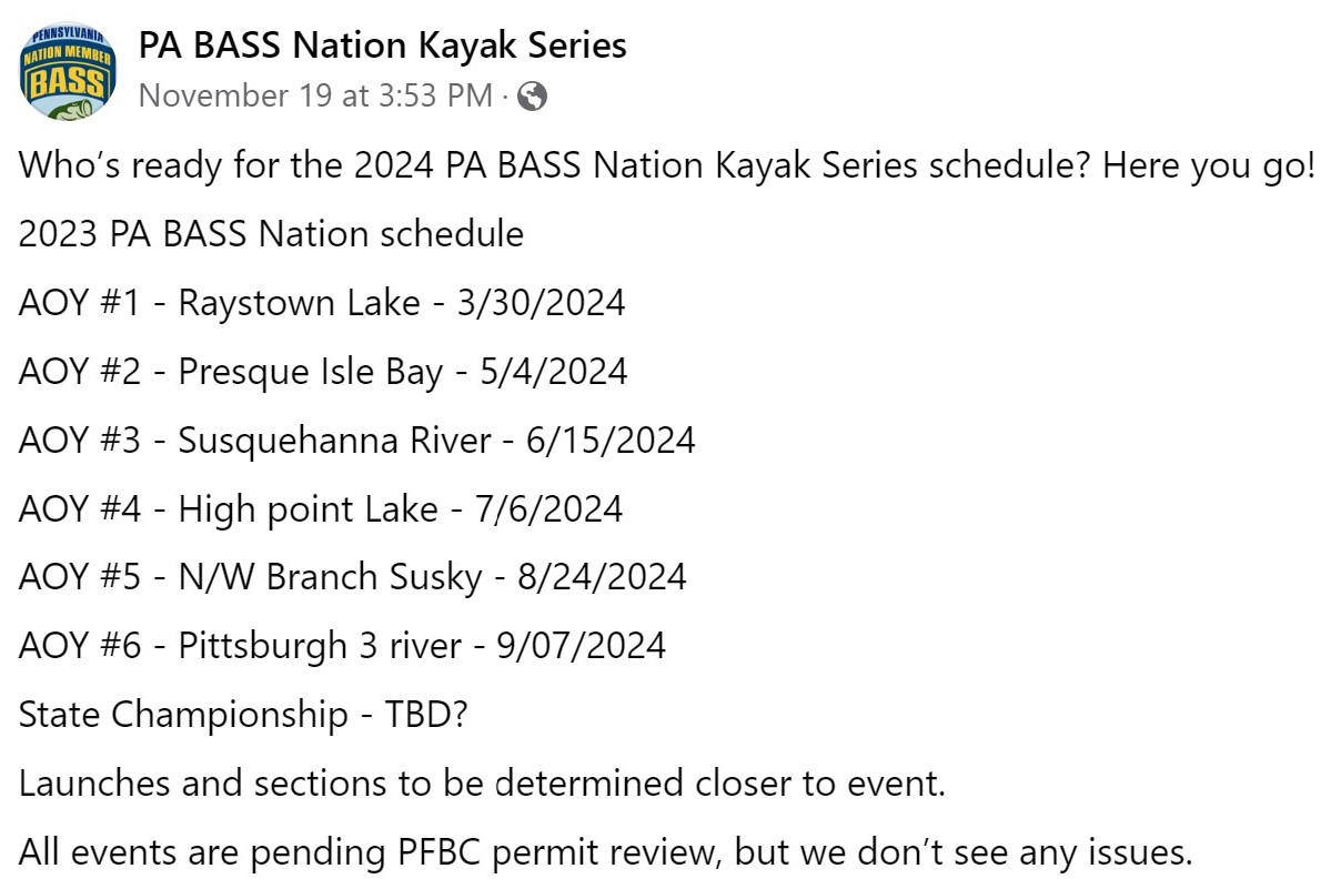 The 2024 schedule for PA BASS Nation Kayake Series