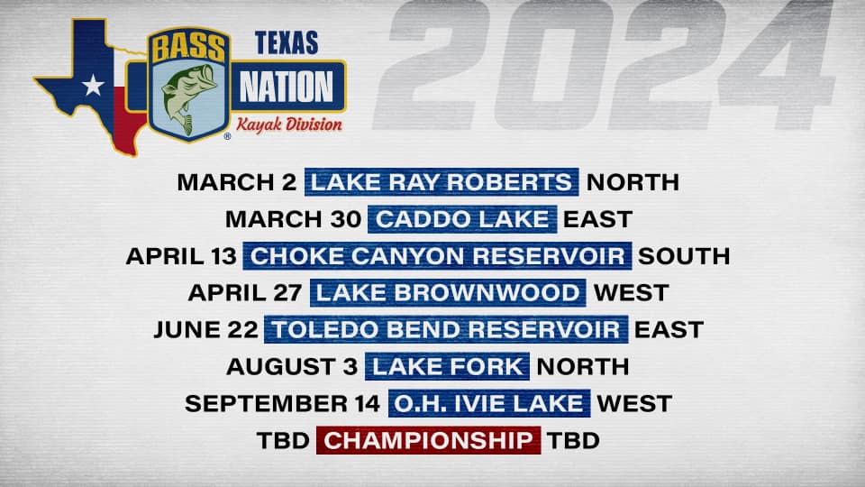 The 2024 schedule for Texas BASS Nation Kayak Series