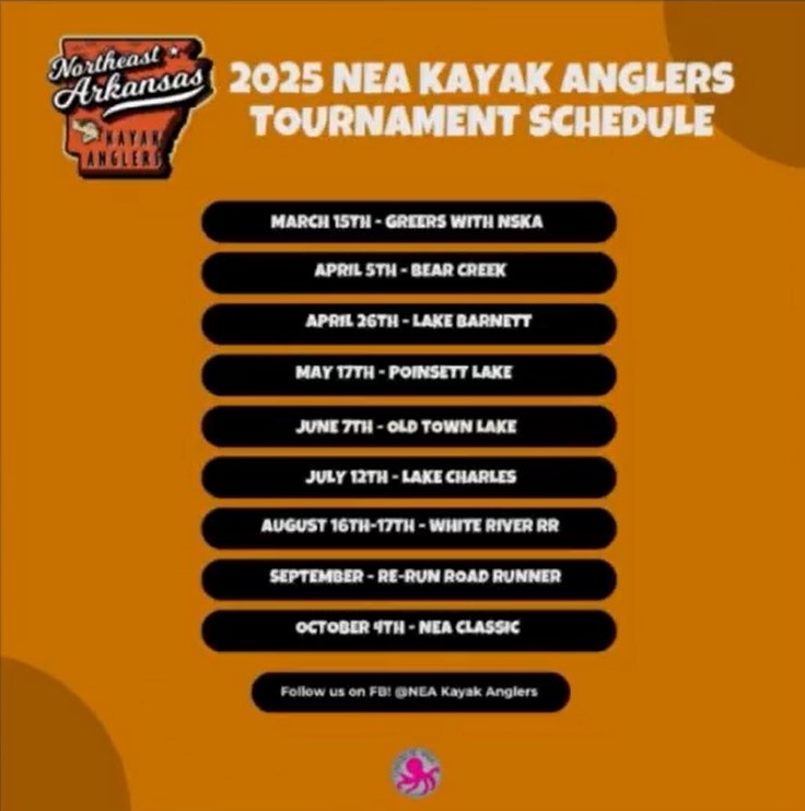 The 2025 schedule for Northeast Arkansas Kayak Anglers