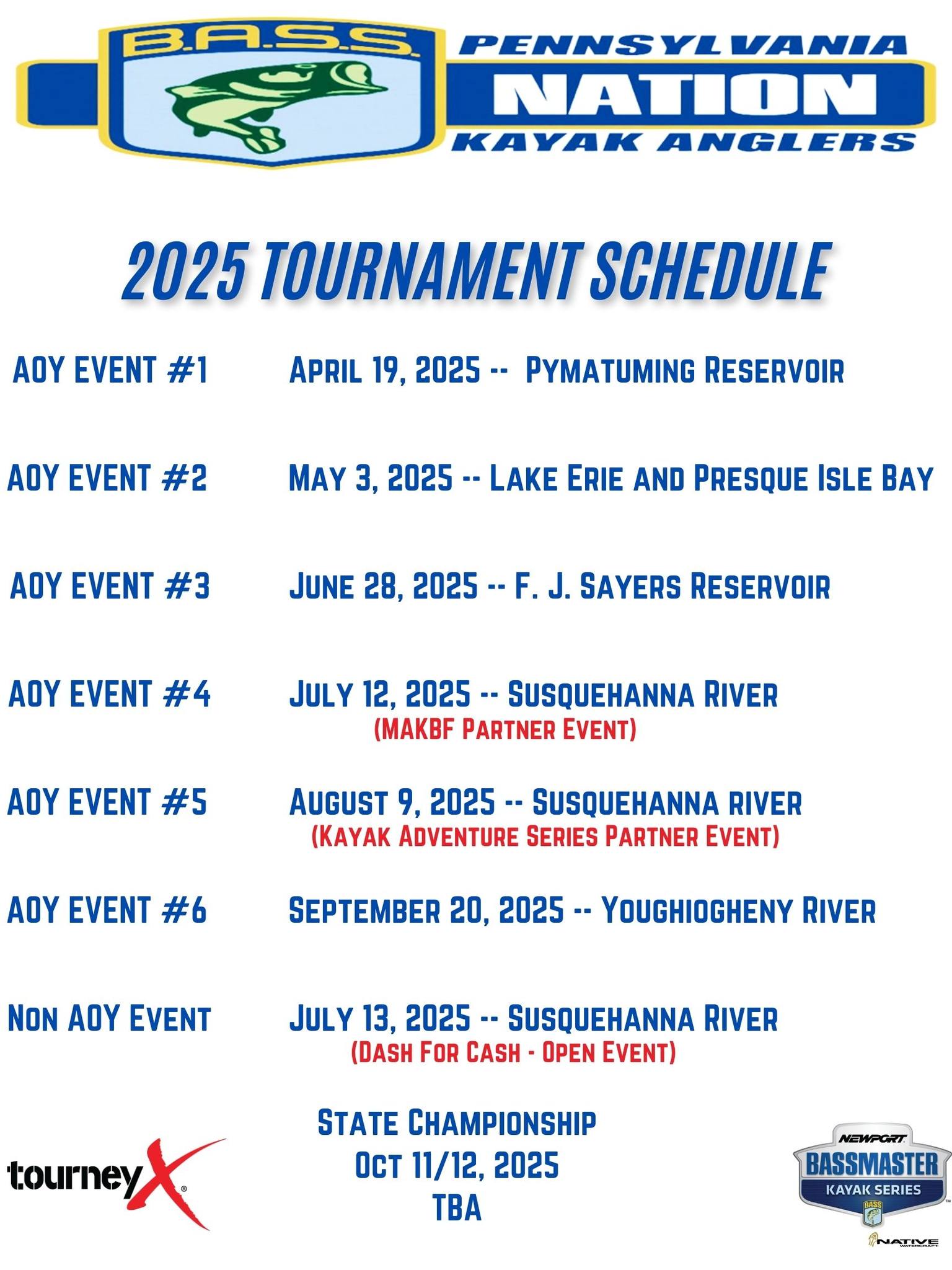 The 2025 schedule for PA BASS Nation Kayake Series