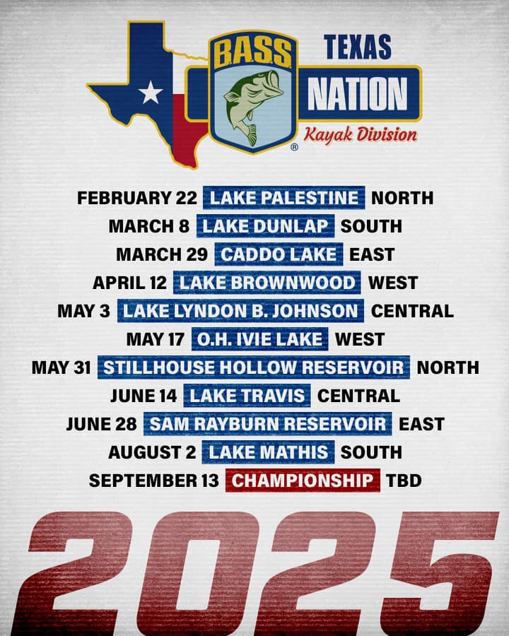 The 2025 schedule for Texas BASS Nation Kayak Series