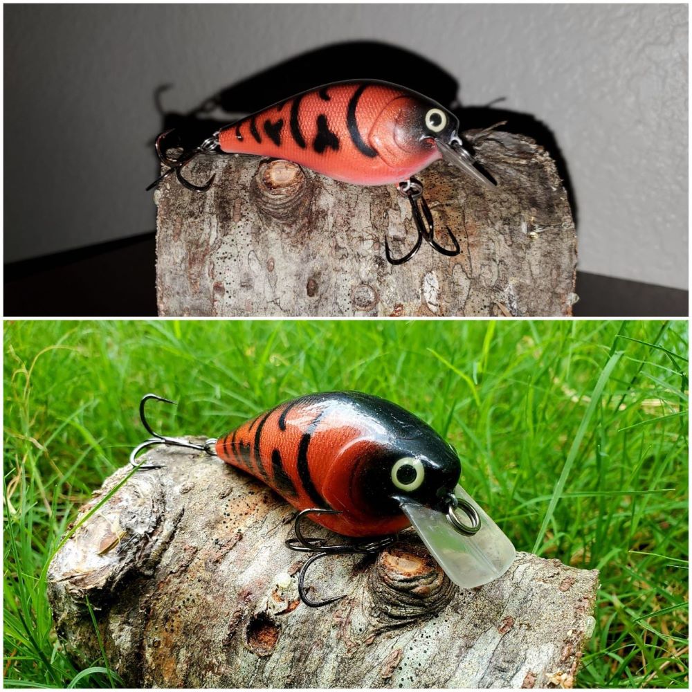 A before and after photo of a crankbait lure