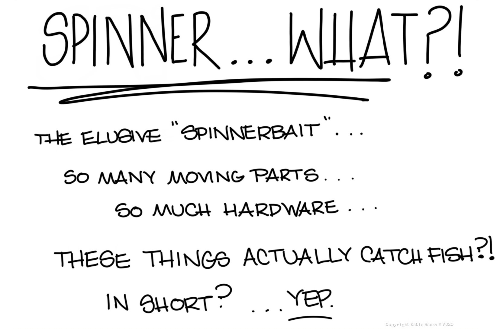 text: Spinner...what?! The elusive spinnerbait. So many moving parts. So much hardware. These things actually catch fish?! In short? Yep.