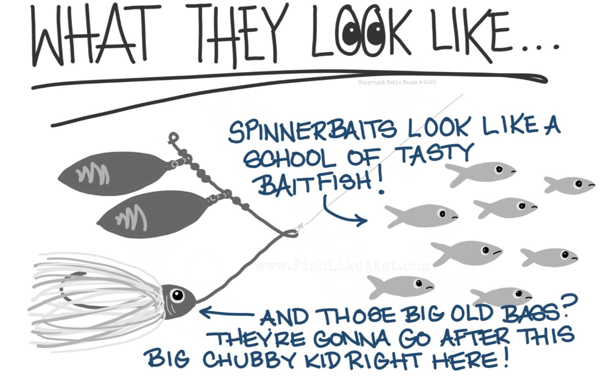 text: What they look like. Illustration of a spinnerbait in a school of baitfish