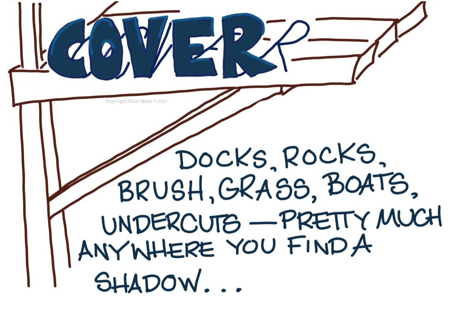 text: cover - docks, rocks, brush, grass, boats, undercuts - pretty much anywhere you find a shadow...