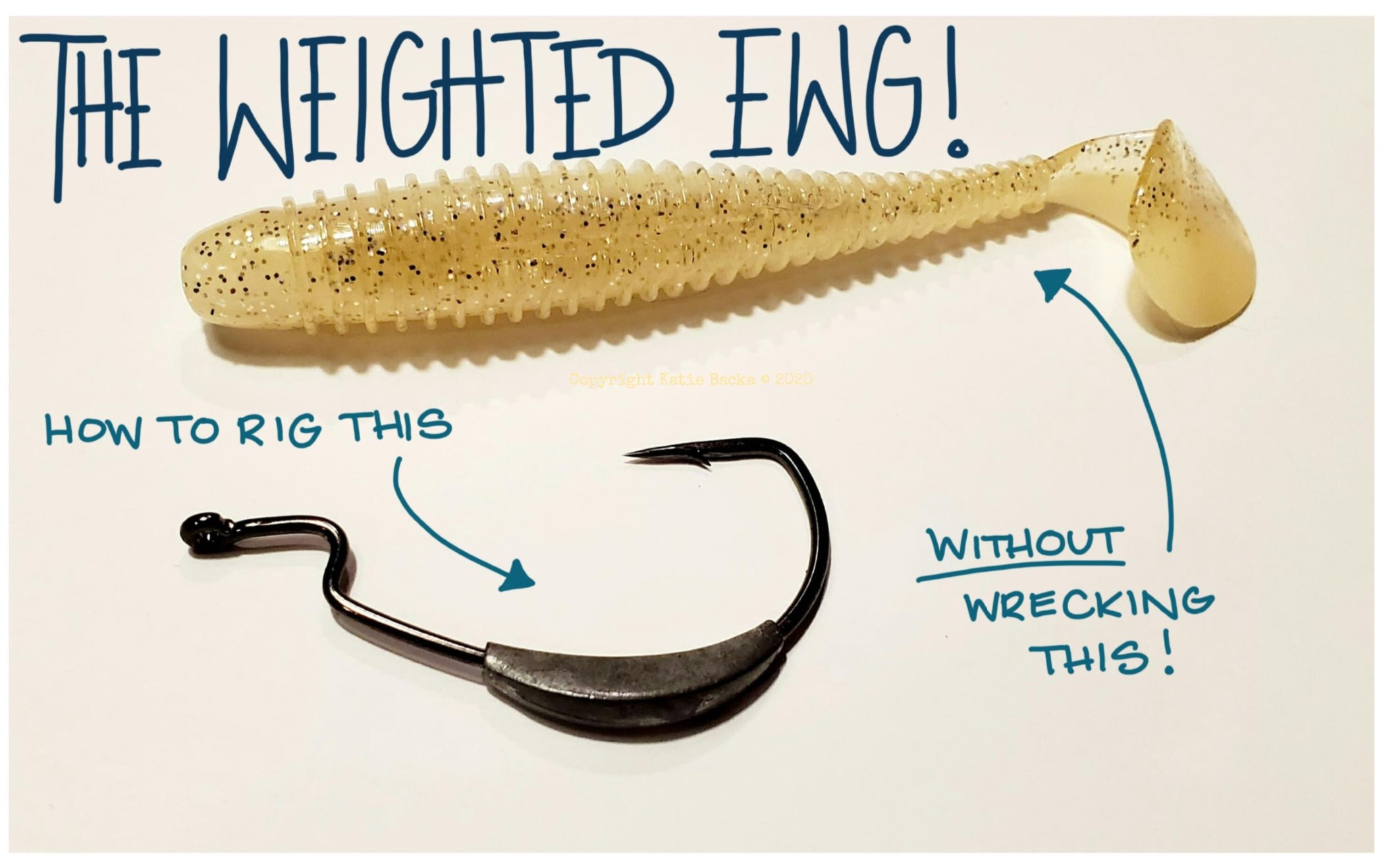 A picture of a weighted EWG hook with a swimbait next to it