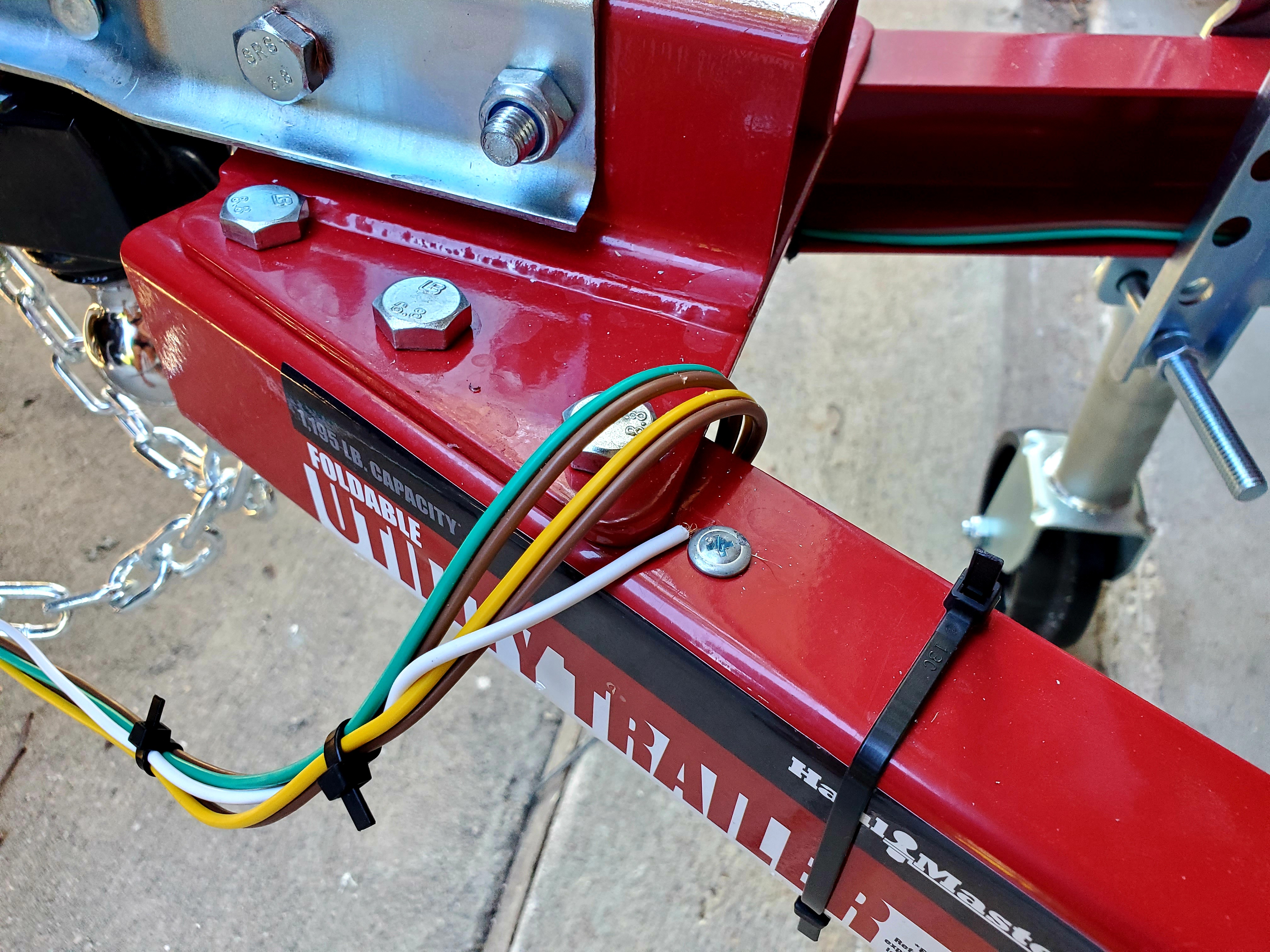 Wiring on a Harbor Freight Super Duty Folding Trailer from Harbor Freight in the garage